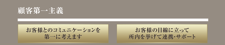 顧客第一主義　お客様とのコミュニケーションを第一に考えます　お客様の目線に立って所内を挙げて連携・サポート